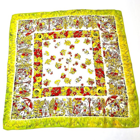 None Accessories Vintage Silk Scarf Multicolor Yellow Green Floral Bold Print 25 X 25 Square